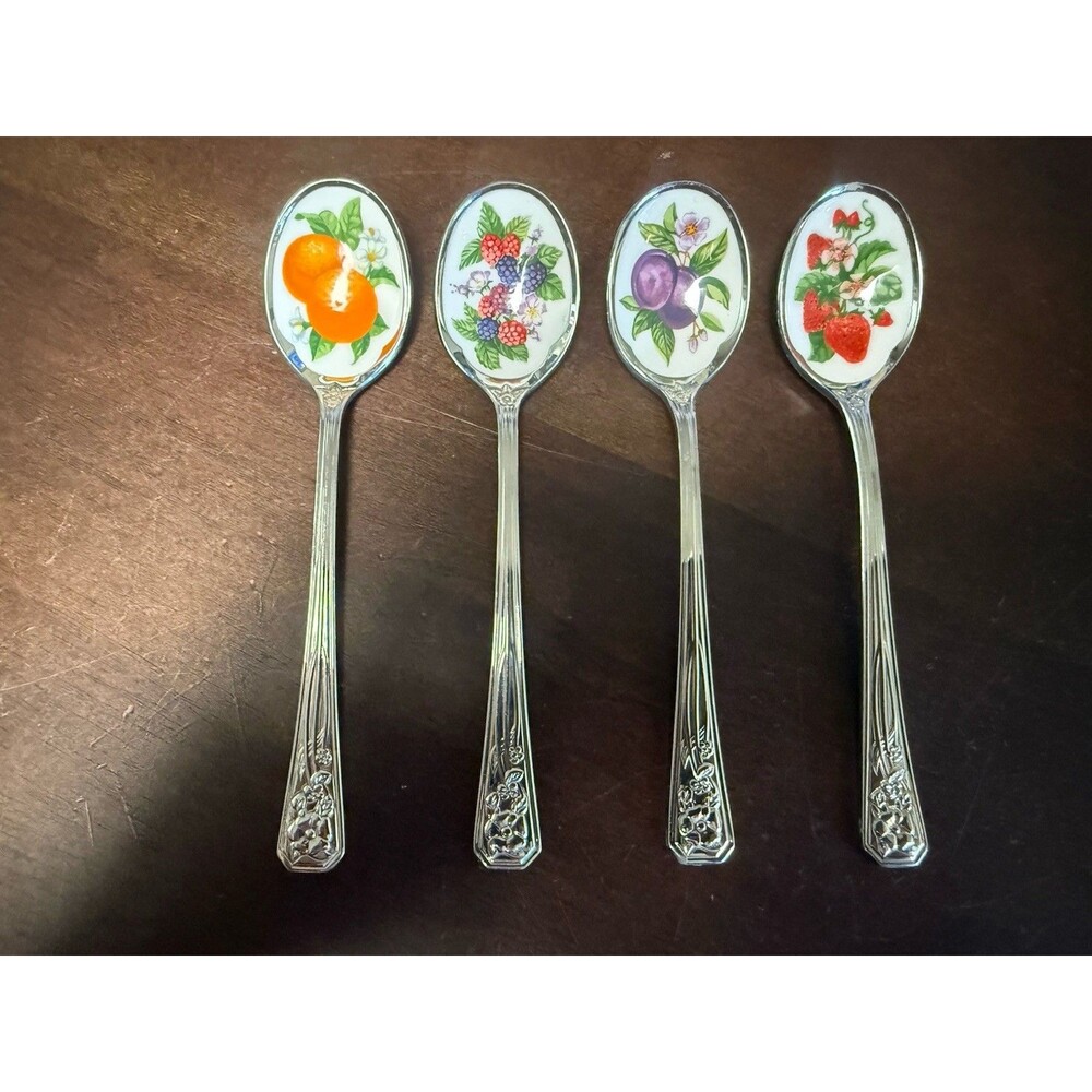 4 Avon Enamel Fruit 5" “Natures Best” Spoons Stainless Steel - Decorative